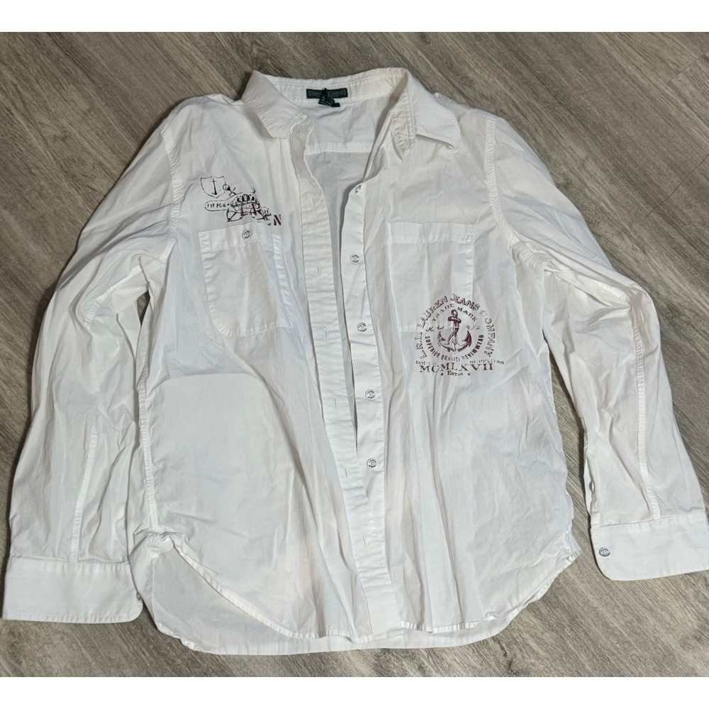 Lauren Ralph Lauren Jeans Co White Cotton Nautical Graphic Button Down Shirt L